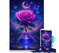 Puzzle Difficile de 1000 pièces représentant Une Rose Violette dans Un Vase en Cristal avec des Papillons Jeu de logique Solide Simple et Amusant avec découpe de précision Idée Cadeau de Noël 38x26cm