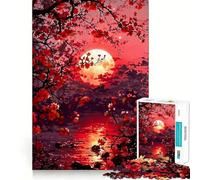 Puzzle Difficile Lac au Clair de Lune et Fleurs Rouges pour Adultes, 1000 pièces, Jeu de logique Pure, activité la Maison, découpe Nette, Joli Cadeau (38x52cm)