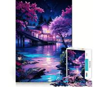 Puzzle Difficile Maison au Bord du lac la Nuit pour Adultes, 1000 pièces, stimule la mémoire, Jeu apaisant, découpe de qualité supérieure, (50x75cm)