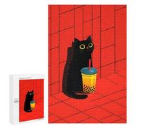 Puzzle Difficile pour Adultes 1000 PCS Black Cat with Bubble Tea Casse-tête pour Adultes, Jeu De Réflexion, Cadeau d'anniversaire, Cadeaux, 1000 PCS
