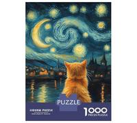 Puzzle Difficile pour Adultes 1000 Pièces Animal Cat Gazing at Starry Night Inspired Landscape Van Gogh Puzzles pour Adolescents Jeu Manuel Vacances À La Maison Passer Le Temps pour Les J