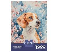 Puzzle Difficile pour Adultes 1000 Pièces Beagle Dog with Cherry Blossoms Watercolor Floral Beagle Poster Puzzle Adulte Jeux Relaxants Améliore La Mémoire Défi Éducatif 70x50cm/1000pcs