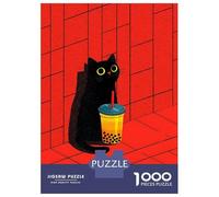 Puzzle Difficile pour Adultes 1000 Pièces Black Cat with Bubble Tea Puzzles pour Adultes, Jouets À Monter Soi-même, Améliorent La Mémoire, Cadeau d'anniversaire, Cadeaux, 70x50cm/1000pcs