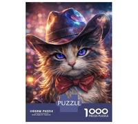 Puzzle Difficile pour Adultes 1000 Pièces Cat in Cowboy Hat with Bow Tie Puzzles pour Adolescents Jeu Manuel Vacances À La Maison Passer Le Temps pour Les Joueurs 38x26cm/1000pcs