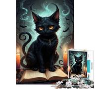 Puzzle Difficile pour Adultes 1000 pièces Chat Noir d'halloween avec grimoire Activités Amusantes à la Maison Activités familiales Jeux Amusants Convient aux 14 Ans et Plus 38x26cm