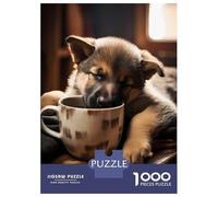 Puzzle Difficile pour Adultes 1000 Pièces German Shepherd Coffee Pup Puzzle Adulte Jeux Relaxants Améliore La Mémoire Défi Éducatif 38x26cm/1000pcs