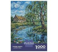 Puzzle Difficile pour Adultes 1000 Pièces Impressionistic Cottage by Pond with Lilies Puzzles pour Adultes - Jeux Relaxants - Améliore La Mémoire pour Les Joueurs 38x26cm/1000pcs