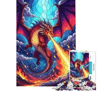 Puzzle Difficile pour Adultes 1000 pièces Motif Dragon cracheur de feu en vitrail Puzzle Anti-Stress pour Adultes décoration intérieure défi à relever (Taille 38x52cm)