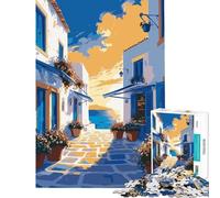 Puzzle Difficile pour Adultes 1000 pièces Paysage de Rue d'une île Grecque Jeu de réflexion Stimulant Cadeau d'anniversaire décoration Murale (50x75cm)