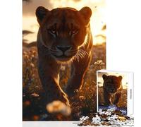 Puzzle Difficile pour Adultes 1000 pièces représentant Une lionne traversant Un Champ au Coucher du Soleil Décoration Jouet Cadeau Amusant Jeu Familial Chaque pièce est Unique Dimensions 50x75cm