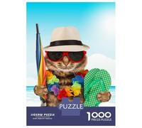 Puzzle Difficile pour Adultes 1000 Pièces Summer Vacation Cats Beach Puzzles pour Adolescents Jeu Manuel Vacances À La Maison Passer Le Temps pour Les Joueurs 38x26cm/1000pcs