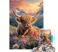 Puzzle Difficile pour Adultes 1000 pièces Taureau des Highlands en Fleurs Jeu éducatif et Relaxant Course de Vitesse Manuelle Cadeau Artistique (Taille 75x50cm)