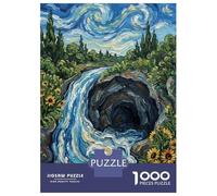Puzzle Difficile pour Adultes 1000 Pièces Waterfall and Cave in Van Gogh Style Puzzles pour Adolescents Jeu Manuel Vacances À La Maison Passer Le Temps pour Les Joueurs 52x38cm/1000pcs