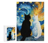 Puzzle Difficile pour Adultes 300 PCS Starry Night Black Cat and White Cat Romantic Puzzles pour Adultes - Jeu Familial - pour S'amuser en Famille - Un pour Les Amateurs De Jeux 300 PCS