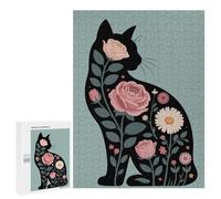 Puzzle Difficile pour Adultes 500 PCS Floral Cat Silhouette Illustration Casse-tête pour Adultes, Jeu De Réflexion, Cadeau d'anniversaire, Cadeaux, 500 PCS