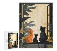 Puzzle Difficile pour Adultes 500 PCS Three Cats Looking Out Window Puzzles pour Adultes - Jeu Familial - pour S'amuser en Famille - Un pour Les Amateurs De Jeux 500 PCS