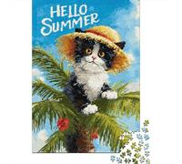 Puzzle Difficile pour Adultes De 1000 Pièces Hello Summer Cat Art Print Casse-tête pour Adultes, Jeu De Réflexion, Analyse Et Logique, pour Les Amis Et La Famille 70x50cm/1000pcs