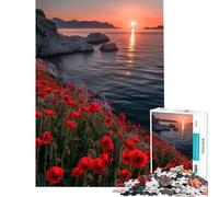 Puzzle Difficile pour Adultes de 1000 pièces représentant Un Champ de Coquelicots et Un Coucher de Soleil sur la mer Jeu Anti-Stress idéal pour se détendre et s'amuser (Dimensions 38x26cm)
