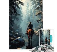 Puzzle Difficile pour Adultes de 1000 pièces représentant Un Cowboy à Cheval dans Un ruisseau forestier Activités Amusantes à la Maison Jeu de décoration Murale Stimulant à partir de 14 Ans (38x26cm)
