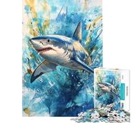 Puzzle Difficile pour Adultes de 1000 pièces représentant Un Grand Requin Blanc à l'aquarelle Jeu Familial Amusant et Original pour Les Amis et la Famille (38x52cm)