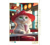 Puzzle · Diva Chat dans Un Diner avec Milkshake | motif rétro amusant pour les amis des chats · Un chat blanc… · 1000 pièces · Format assemblé 64 × 48 cm · CALVENDO Puzzle