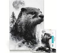 Puzzle Double Exposition Lune Loutre pour Adolescents 1000 pièces Stimule la mémoire Jeu d'intérieur Image à Assembler Cadeau de Vacances (38x26cm)