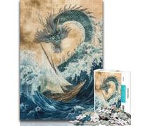 Puzzle Dragon Vague Japonaise 1000 Pièces pour Adolescents, Cadeaux, Soulagement du Stress, Défi Difficile, Renforcement de l'amour Entre Couples (38x26cm)