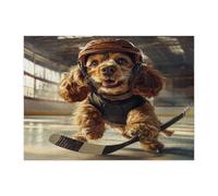 Puzzle drôle de chien cocker américain pour adultes - 500 pièces - Puzzles en bois de hockey sur glace - Décorations amusantes pour divertissement à domicile