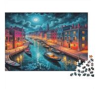 Puzzle Écologique Canaux de Venise 1000 Pièces | Venise Nuit Bateaux Papier Recyclé pour Adultes | Cadeau pour Famille 38x26cm/1000pcs
