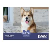 Puzzle éducatif Difficile de Corgi Gallois de Pembroke, 1000 pièces - Un Corgi est couché sur Un lit à Motifs et sourit. pour Adultes et Enfants, comme décoration Murale, 70x50 cm/1000 pièces
