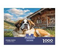 Puzzle éducatif pour Adultes représentant Un Adorable Chien Saint-Bernard près d'une cabane en rondins. 1000pcs. Idéal pour se détendre. Dimensions 52x38 cm.