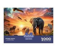 Puzzle éléphant 1000 pièces Jeu Stimulant - Éléphant Africain Coucher de Soleil, décoration Murale Jeu éducatif, 70x50cm
