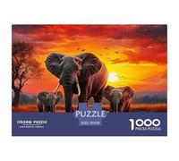 Puzzle éléphant 1000 pièces Jeu Stimulant - Famille d’éléphants Coucher de Soleil, décoration Murale Jeu éducatif, 70x50cm