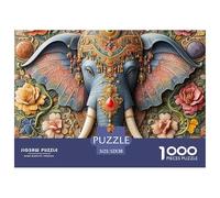 Puzzle éléphant 1000 pièces pour Hommes et Femmes - Éléphant gemme Fleurs, activité familiale décoration Murale, 52x38cm