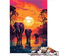 Puzzle éléphants Afrique Coucher de Soleil 1000 pièces pour Adultes, Planche 100% recyclée de qualité supérieure pour Enfants à partir de 14 Ans, Jeu de Casse-tête 1000 pièces (26 x 38 cm)