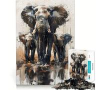 Puzzle Éléphants Aquarelle pour Adolescents 1000 Pièces Jeu Stimulant l'esprit Assemblage Solide et Sécurisé Activité de Partage en Famille (38x52cm)
