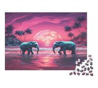 Puzzle Éléphants au Coucher du Soleil sur la Plage pour Adultes,70x50cm/1000pcs,Jeu Éducatif,décoration De La Maison,Fantaisie Tropicale vibrante