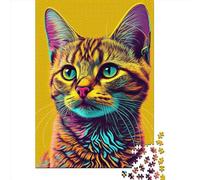 Puzzle en bois 1000 pièces avec visage d'animal de chat, style pop art, puzzle rectangulaire créatif, jeu de défi pour l'exercice du cerveau, (75 x 50 cm)