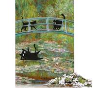 Puzzle en Bois 1000 pièces Chat Noir Monet Nénuphar - Puzzle Unique et créatif - Cadeau pour Adultes, Jeu Familial Stimulant - 1000 pièces (75 x 50 cm)