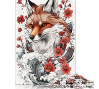 Puzzle en Bois 1000 pièces, Motif Tatouage de Renard Japonais, activité familiale, Cadeaux de Noël, 1000 pièces (75 x 50 cm)
