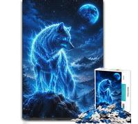 Puzzle en Bois 1000 pièces pour Adultes, Blue Electric Wolf Moon | Présent du Nouvel An : activité sans écran à la maison sur plusieurs sessions.