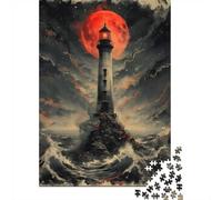 Puzzle en Bois 1000 pièces pour Adultes, Crimson Moon Lighthouse
