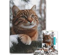 Puzzle en Bois 1000 pièces pour Adultes, Tabby Cat in Snowy Pine Tree