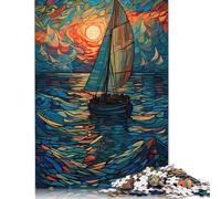 Puzzle en Bois 1000 pièces pour Adultes, thème voilier au Coucher du Soleil, Style vitrail, Difficile, 1000 pièces (75 x 50 cm)