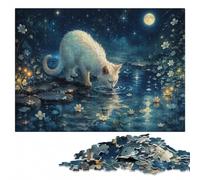 Puzzle en Bois 1000 pièces pour Adultes, White Cat Drinking Water at Night | À la maison : Cadeau puzzle: montage des bords jusqu'aux détails de l'image le w nd.