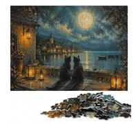 Puzzle en Bois 300 pièces pour Adultes, Two Cats Watching The Moonlit Lake | Activité de groupe après les cadeaux : activité autour de la table le w nd.