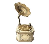 Puzzle en bois 3D Grammophone rétro, kit de construction en bois Boîte à musique créative, décoration de la maison cadeau d'anniversaire Kit de bricolage (Version électrique/100+ pièces/Couleur bois)