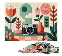 Puzzle en Bois 500 pièces pour Adultes, Retro Camera and Floral Pattern Art | Le repérage visuel et le tri - un montage clair zone par zone le w nd.