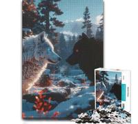 Puzzle en Bois 500 pièces pour Adultes, White and Black Wolves in Winter | Cadeau d'anniversaire pour amateur de puzzle avec activité à partager en famille en intérieur.