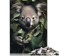 Puzzle en Bois 500 pièces représentant Un Adorable Koala dans des Feuilles, idéal pour Les Adultes et la décoration intérieure (52 x 38 cm).